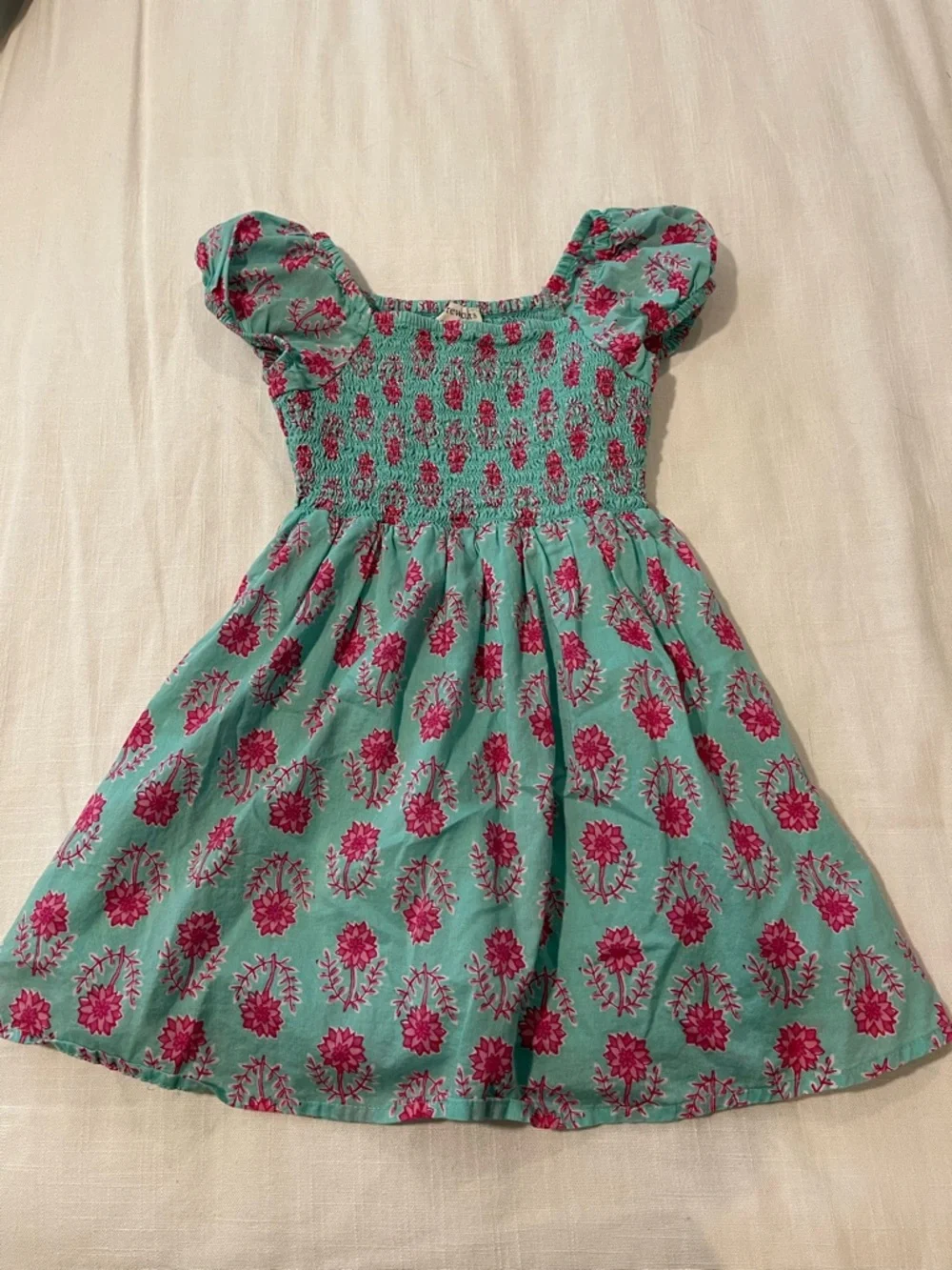 Crewcuts Turquoise Dress with Pink Floral Print and Puff Sleeves